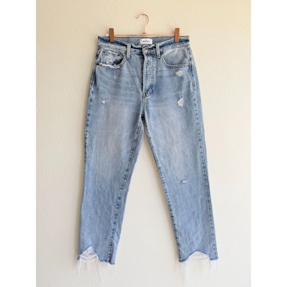 Pistola Charlie High Rise Straight Leg Frayed Hem Jeans in Blue Skies size 26